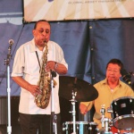 Lou Donaldson-Fukushi Tainaka at Newport Jazz Festival 8-2-15 Credit: Crowdalbum.com.jpg